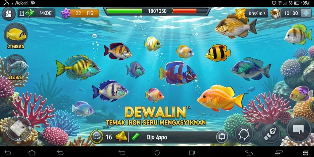 Tangkapan layar gameplay DEWALIN dengan berbagai ikan berwarna-warni.