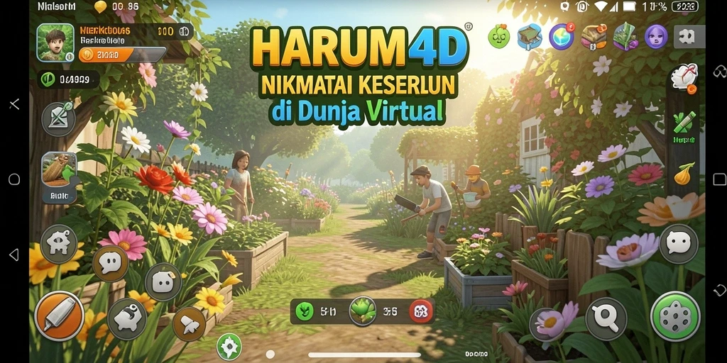 Gameplay HARUM4D menampilkan ladang yang subur dan aktivitas berkebun.