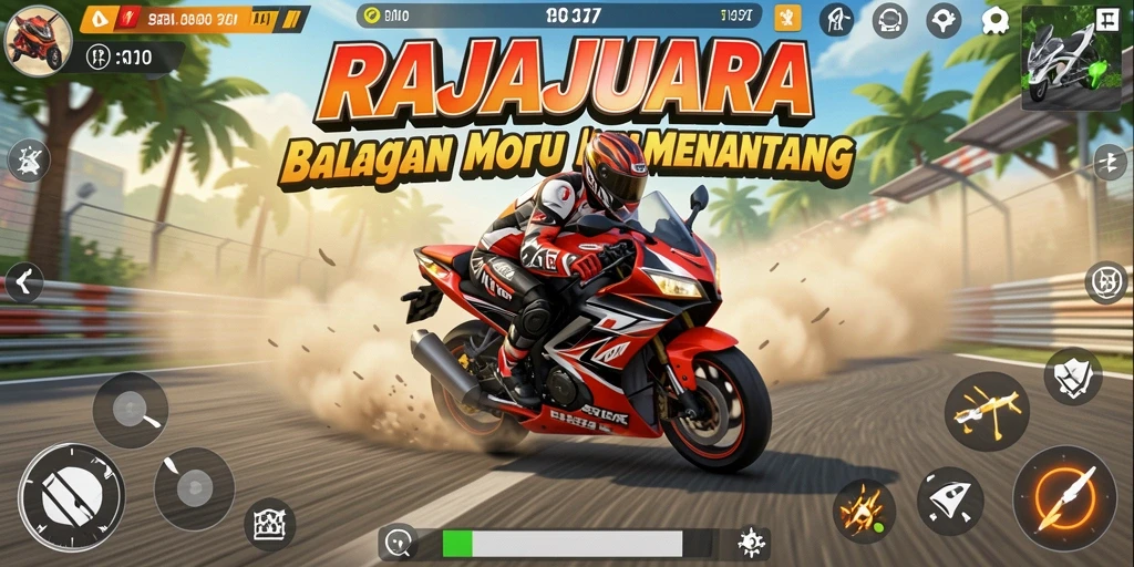 Tampilan gameplay yang mendebarkan dalam RAJAJUARA, balapan motor terbaik.