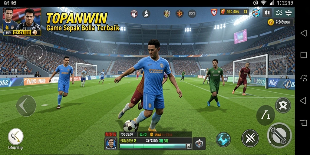 Screenshot gameplay TOPANWIN menampilkan aksi seru di lapangan sepak bola.